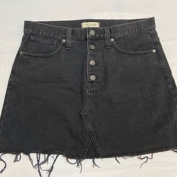 MADEWELL Rigid Denim Jean A Line Mini Skirt Black Size 30 Button Fly Raw Hem - Picture 1 of 8